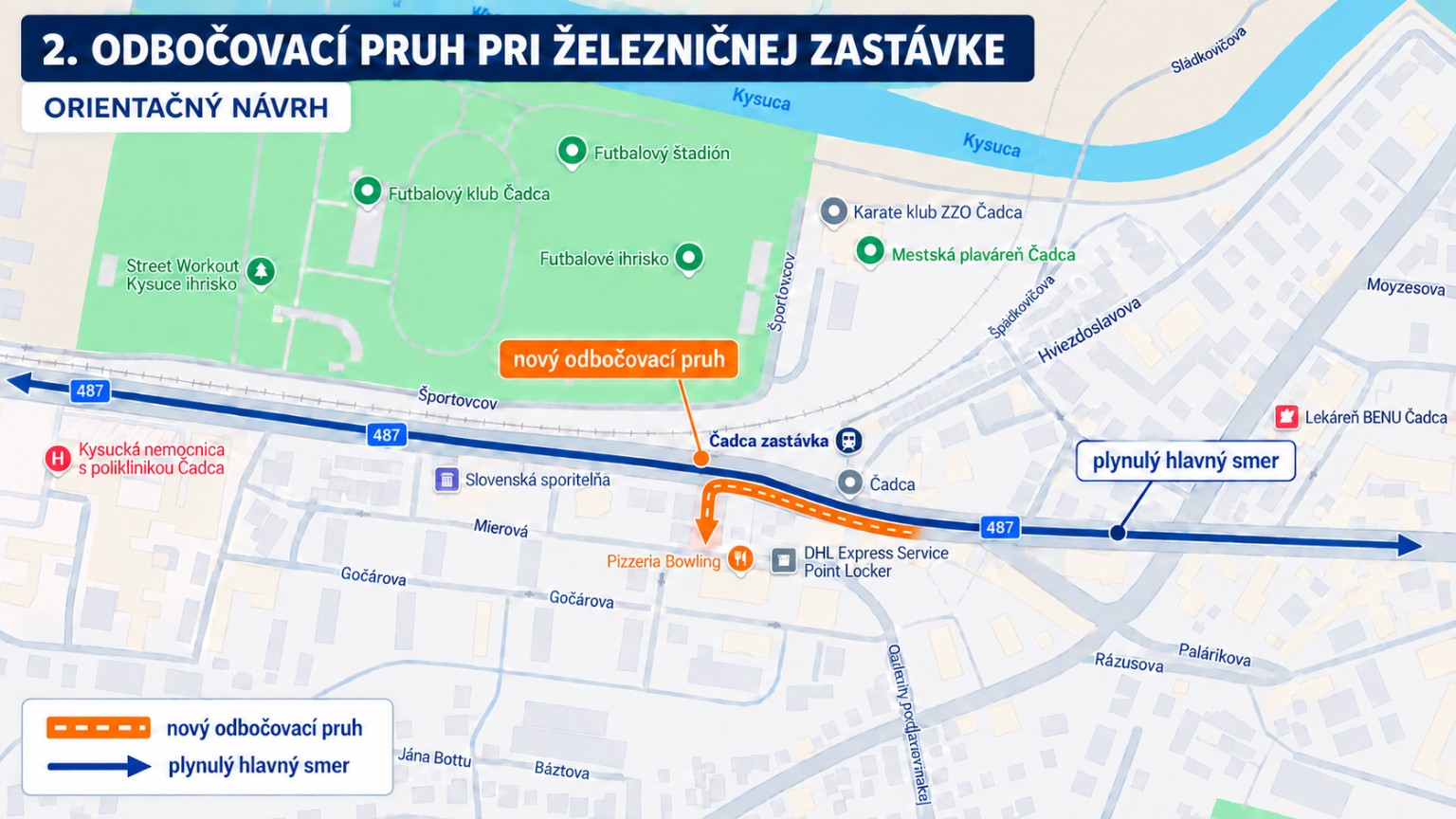 Orientačný návrh odbočovacieho pruhu pri železničnej zastávke variant 1